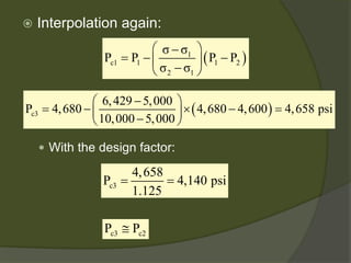  
Interpolation again: 
 
With the design factor: 
()1c111221σσPPPPσσ − =−−− ()c36,4295,000P4,6804,6804,6004,658 psi10,0005,000−=−×−=− c34,658P4,140 psi1.125== c3c2PP≅  
