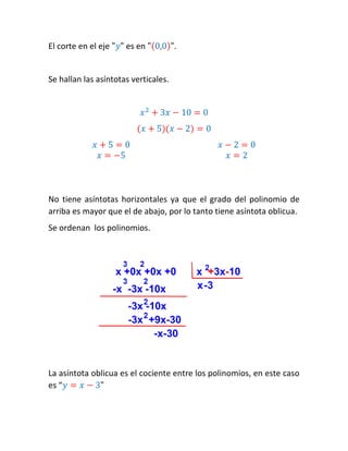El corte en el eje "푦" es en "(0,0)". 
Se hallan las asíntotas verticales. 
푥2+3푥−10=0 (푥+5)(푥−2)=0 
푥+5=0 푥=−5 
푥−2=0 푥=2 
No tiene asíntotas horizontales ya que el grado del polinomio de arriba es mayor que el de abajo, por lo tanto tiene asíntota oblicua. 
Se ordenan los polinomios. 
La asíntota oblicua es el cociente entre los polinomios, en este caso es “푦=푥−3"  