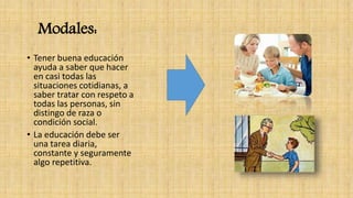 Modales: 
• Tener buena educación 
ayuda a saber que hacer 
en casi todas las 
situaciones cotidianas, a 
saber tratar con respeto a 
todas las personas, sin 
distingo de raza o 
condición social. 
• La educación debe ser 
una tarea diaria, 
constante y seguramente 
algo repetitiva. 
 