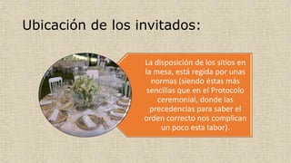 Ubicación de los invitados: 
La disposición de los sitios en 
la mesa, está regida por unas 
normas (siendo éstas más 
sencillas que en el Protocolo 
ceremonial, donde las 
precedencias para saber el 
orden correcto nos complican 
un poco esta labor). 
 