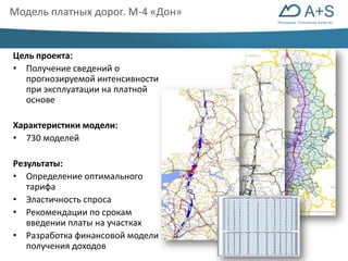 Инновации. Технологии. Качество 
Модель платных дорог. М-4 «Дон» 
Цель проекта: 
• Получение сведений о 
прогнозируемой интенсивности 
при эксплуатации на платной 
основе 
Характеристики модели: 
• 730 моделей 
Результаты: 
• Определение оптимального 
тарифа 
• Эластичность спроса 
• Рекомендации по срокам 
введении платы на участках 
• Разработка финансовой модели 
получения доходов 
 