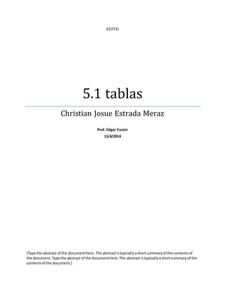 EEFYD 
5.1 tablas 
Christian Josue Estrada Meraz 
Prof. Edgar Cussin 
11/4/2014 
[Type the abstract of the document here. The abstract is typically a short summary of the contents of 
the document. Type the abstract of the document here. The abstract is typically a short summary of the 
contents of the document.] 
 
