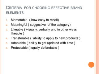 CRITERIA FOR CHOOSING EFFECTIVE BRAND 
ELEMENTS 
1. Memorable ( how easy to recall) 
2. Meaningful ( suggestive of the category) 
3. Likeable ( visually, verbally and in other ways 
likeable ) 
4. Transferable ( ability to apply to new products ) 
5. Adaptable ( ability to get updated with time ) 
6. Protectable ( legally defendable ) 
 