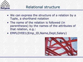 Relational structure 
• We can express the structure of a relation by a 
Tuple, a shorthand notation 
• The name of the relation is followed (in 
parentheses) by the names of the attributes of 
that relation, e.g.: 
• EMPLOYEE1(Emp_ID,Name,Dept,Salary) 
 
