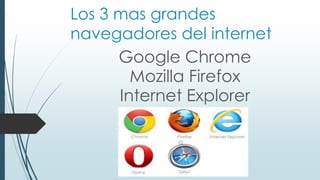 Los 3 mas grandes 
navegadores del internet 
Google Chrome 
Mozilla Firefox 
Internet Explorer 
 