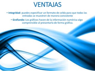 VENTAJAS 
• Integridad: puedes especificar un formato de celda para que todas las 
entradas se muestren de manera consistente 
• Grafiando: Los gráficos hacen de la información numérica algo 
comprensible al presentarla de forma gráfica. 
 