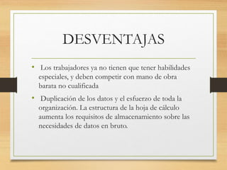 DESVENTAJAS 
• Los trabajadores ya no tienen que tener habilidades 
especiales, y deben competir con mano de obra 
barata no cualificada 
• Duplicación de los datos y el esfuerzo de toda la 
organización. La estructura de la hoja de cálculo 
aumenta los requisitos de almacenamiento sobre las 
necesidades de datos en bruto. 
 