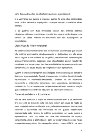 parte dos quadrúpedes, os ratos fazem parte dos quadrúpedes);
b) a vizinhança que sugere a evolução, quando há uma nítida continuidade
entre os dois elementos empregados, como por exemplo, a noção de séries
animais;
c) os quadros com duas dimensões utilizam dois critérios distintos;
introduzem, além das propriedades precedentes, como a noção de casa, a de
famílias de casas verticais ou horizontais que são subconjuntos de
propriedades.
Classificação Tridimensional
As classificações tridimensionais são instrumentos taxonômicos que utilizam
três critérios empregados simultaneamente e distribuídos em três eixos,
altura, largura e profundidade de um gráfico, resultando em representações
gráficas tridimensionais, espaciais; estas classificações podem resultar tão
complexas que se coloquem fora das possibilidades de processamento pelo
pensamento, por causa do grau de complexidade que apresentam.
Eysenk e Sheldon empregaram classificações tridimensionais para estudar e
descrever a personalidade. Eysenk empregava os conceitos de psicoticidade,
neuroticidade e introversão-extroversão. Sheldon, os de ectomorfia,
mesomorfia e endomorfia combinados com viscerotonia, somatotonia e
cerebrotonia. Todos classificavam os tipos encontrados em função da relação
que se estabelecesse entre os três pares de fatores em correlação.
Dimensionalidade e Axialidade
Não se deve confundir a noção de dimensionalidade com a de axialidade.
Erro que está se tornando cada vez mais comum por causa da noção de
eixos taxonômicos introduzida pela nosografia norte-americana. Nem se deve
confundir a quantidade das dimensões de um quadro classificatório
(representada pelo número de critérios empregados em cada quadro e
representados cada um deles em uma das dimensões do espaço:
comprimento, altura e profundidade) com os "eixos" utilizados pelas novas
taxonomias nosográficas. Nas nosografias atuais, como a CID/10, os eixos
47
 