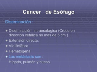 Cáncer de Esófago 
Diseminación : 
 Diseminación intraesofagica (Crece en 
dirección cefálica no mas de 5 cm.) 
 Extensión directa. 
 Vía linfática 
 Hematógena 
 Las metástasis son : 
Hígado, pulmón y hueso. 
 
