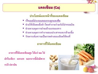 # 
แคลเซียม (Ca) 
ประโยชน์และหน้าที่ของแคลเซียม 
เป็นองค์ประกอบของกระดูกและฟัน 
ช่วยให้เลือดแข็งตัว โดยทางานร่วมกับโปรทอมบิน 
ช่วยควบคุมการผ่านเข้าออกของสาร 
ช่วยควบคุมการทางานของประสาทและกล้ามเนื้อ 
รักษาระดับความเป็นกรดด่างของเลือดให้คงที่ 
อาหารที่ให้แคลเซียม 
อาหารที่ให้แคลเซียมสูง ได้แก่ นม ไข่ ผักใบเขียว แครอท นอกจากนี้ยังมีพวก กะปิ ปลาป่น  