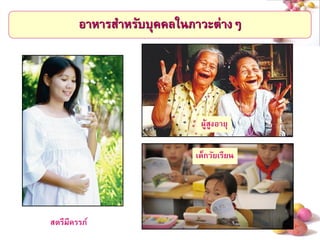 # 
อาหารสาหรับบุคคลในภาวะต่างๆ 
สตรีมีครรภ์ 
ผู้สูงอายุ 
เด็กวัยเรียน  