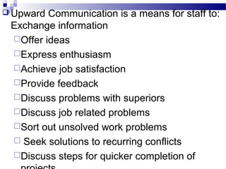  Upward Communication is a means for staff to: 
Exchange information 
Offer ideas 
Express enthusiasm 
Achieve job satisfaction 
Provide feedback 
Discuss problems with superiors 
Discuss job related problems 
Sort out unsolved work problems 
 Seek solutions to recurring conflicts 
Discuss steps for quicker completion of 
projects 
 