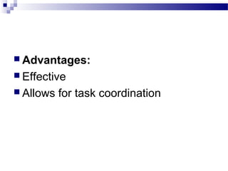 Advantages: 
 Effective 
 Allows for task coordination 
 