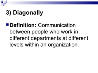 3) Diagonally 
Definition: Communication 
between people who work in 
different departments at different 
levels within an organization. 
 