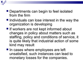  Departments can begin to feel isolated 
from the firm 
 Individuals can lose interest in the way the 
organization is developing 
 If workers are not kept informed about 
changes in policy about matters such as 
staffing, policy and conditions of service, it 
is quite likely that industrial action of some 
kind may result 
 In cases where employees are left 
unsatisfied, such instances can lead to 
monetary losses for the companies. 
 