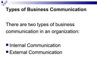 Types of Business Communication 
There are two types of business 
communication in an organization: 
 Internal Communication 
 External Communication 
 