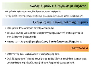 Άνοδος Συμεών = Σύγκρουση με Βυζάντιο 
• Οι φιλικές σχέσεις με τους Βουλγάρους, έγιναν εχθρικές: 
• όταν ανήλθε στον βουλγαρικό θρόνο ο ελληνομαθής, αλλά φιλόδοξος Συμεών. 
Ενέργειες και Στόχος πολιτικής Συμεών 
• Ο Συμεών πολιόρκησε την πρωτεύουσα 
• επιδιώκοντας να ιδρύσει μια βουλγαροβυζαντινή αυτοκρατορία 
στη θέση της βυζαντινής 
• και αυτοτιτλοφορήθηκε βασιλεύς Βουλγάρων και Ρωμαίων. 
Αποτέλεσμα 
• Ο θάνατος του ματαίωσε τις φιλοδοξίες του. 
• Ο διάδοχος του Πέτρος συνήψε με το Βυζάντιο συνθήκη ειρήνηςκαι 
νυμφεύτηκε τη Μαρία, ανεψιά του Ρωμανού Λακαπηνού. 
 