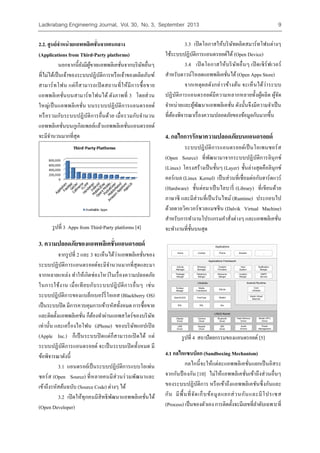 Ladkrabang Engineering Journal, Vol. 30, No. 3, September 2013 9 
2.2. ?????????????????????????????????? 
(Applications from Third-Party platforms) 
?????????????????????????????????????????????? 
?????????????????????????????????????????????????????? 
?????????? ????????????????????????????????????? 
??????????????????????????? ????????? 3 ??????? 
???????????????????? ????????????????????????? 
???????????????????????????????? ???????????????? 
?????????????????????????????????????????????????? 
??????????????????? 
?????? 3 Apps from Third-Party platforms [4] 
3. ??????????????????????????????????? 
????????? 2 ??? 3 ??????????????????????????? 
??????????????????????????????????????????????? 
???????????? ????????????????????????????????????? 
??????????? ???????????????????????????????? ???? 
??????????????????????????????????? (Blackberry OS) 
??????????? ????????????????????????????? ?????????? 
?????????????????????? ?????????????????????????????? 
???????? ??????????????? (iPhone) ???????????????? 
(Apple Inc.) ???????????? ??????????????? ???? ??? 
??????????????????????? ????????????????????? ?? 
???????????????? 
3.1 ??????????????????????????????????? 
????? (Open Source) ??????????????????????????? 
?????????????????? (Source Code) ????? ??? 
3.2 ??????????????????????????????????????? 
(Open Developer) 
3.3 ???????????????????????????????????? 
?????????????????????????????(Open Device) 
3.4 ??????????????????????? ??????????????? 
???????????????????????????????(Open Apps Store) 
???????????????????????? ???????????????? 
???????????????????????????????????????????? ?????? 
??????????????????????????????? ??????????????????????? 
?????????????????????????????????????????????????? 
4. ?????????????????????????????????? 
????????????????????????????????????? 
(Open Source) ?????????????????????????????????? 
(Linux) ?????????????????? (Layer) ????????????????????? 
??????? (Linux Kernel) ???????????????????????????????? 
(Hardware) ???????????????????? (Library) ???????????? 
?????? ??????????????????????? (Runtime) ???????? 
???????????????????????? (Dalvik Virtual Machine) 
??????????????????????????????????? ??????????????? 
???????????????????? 
Applications 
Home Contact Phone Browser ... 
Applications Framework 
Libraries Android Runtime 
LINUX Kernel 
Activity 
Manager 
Windows 
Manager 
Content 
Providers 
View 
System 
Notification 
Manger 
Package 
Manger 
Telephony 
Manger 
Resource 
Manger 
Location 
Manger 
XMPP 
Service 
Surface 
Manger 
Media 
Framework SQLite 
OpenGL|ES FreeType Webkit 
SGL SSL libc 
Core 
Libraries 
Dalvik Virtual 
Machine 
Display 
Driver 
Camera 
Driver 
Bluetooth 
Driver 
Flash Memory 
Driver 
Binder (IPC) 
Driver 
USB 
Driver 
Keypad 
Driver 
Wifi 
Driver 
Audio 
Drivers 
Power 
Management 
?????? 4 ?????????????????????? ?[5] 
4.1 ??????????? (Sandboxing Mechanism) 
????????????????????????????????????????? 
????????????? [10] ?????????????????????????????????? 
????????????????? ???????????????????????????????? 
??? ??????????????????????????????????????????? 
(Process) ????????????? ?????????????????????????????????? 
 