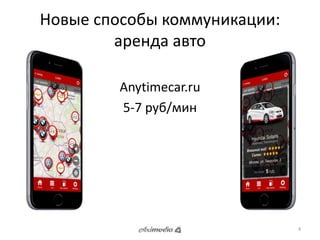 Новые способы коммуникации: 
аренда авто 
Anytimecar.ru 
5-7 руб/мин 
4 
 