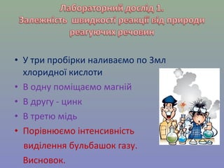 • У три пробірки наливаємо по 3мл 
хлоридної кислоти 
• В одну поміщаємо магній 
• В другу - цинк 
• В третю мідь 
• Порівнюємо інтенсивність 
виділення бульбашок газу. 
Висновок. 
 