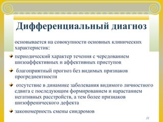 Дифференциальный диагноз 
основывается на совокупности основных клинических 
характеристик: 
периодический характер течения с чередованием 
шизоаффективных и аффективных приступов 
благоприятный прогноз без видимых признаков 
прогредиентности 
отсутствие в динамике заболевания видимого личностного 
сдвига с последующим формированием и нарастанием 
негативных расстройств, а тем более признаков 
шизофренического дефекта 
закономерность смены синдромов 
31 
 
