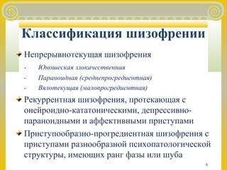 Классификация шизофрении 
Непрерывнотекущая шизофрения 
- Юношеская злокачественная 
- Параноидная (среднепрогредиентная) 
- Вялотекущая (малопрогредиентная) 
Рекуррентная шизофрения, протекающая с 
онейроидно-кататоническими, депрессивно- 
параноидными и аффективными приступами 
Приступообразно-прогредиентная шизофрения с 
приступами разнообразной психопатологической 
структуры, имеющих ранг фазы или шуба 
6 
 