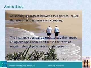Annuities 
An annuity a contract between two parties, called 
the insured and an insurance company. 
The insurance company...