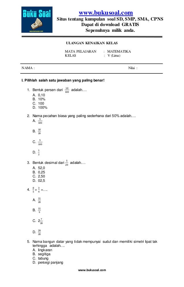 5 Soal Ukk Matematika Kelas 5 2013