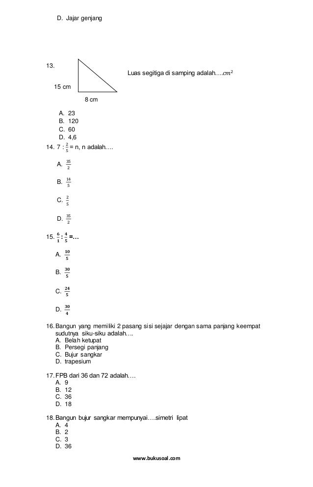 Contoh Soal Ukk Matematika Kelas 5 Sd Dapatkan Contoh