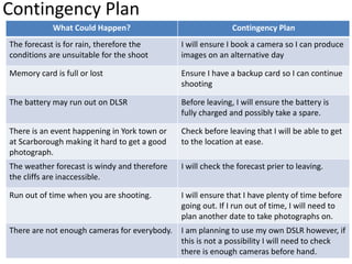 Contingency Plan 
What Could Happen? Contingency Plan 
The forecast is for rain, therefore the 
conditions are unsuitable for the shoot 
I will ensure I book a camera so I can produce 
images on an alternative day 
Memory card is full or lost Ensure I have a backup card so I can continue 
shooting 
The battery may run out on DLSR Before leaving, I will ensure the battery is 
fully charged and possibly take a spare. 
There is an event happening in York town or 
at Scarborough making it hard to get a good 
photograph. 
Check before leaving that I will be able to get 
to the location at ease. 
The weather forecast is windy and therefore 
the cliffs are inaccessible. 
I will check the forecast prier to leaving. 
Run out of time when you are shooting. I will ensure that I have plenty of time before 
going out. If I run out of time, I will need to 
plan another date to take photographs on. 
There are not enough cameras for everybody. I am planning to use my own DSLR however, if 
this is not a possibility I will need to check 
there is enough cameras before hand. 
