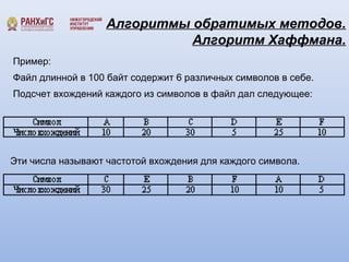 Алгоритмы обратимых методов. 
Алгоритм Хаффмана. 
Пример: 
Файл длинной в 100 байт содержит 6 различных символов в себе. 
Подсчет вхождений каждого из символов в файл дал следующее: 
Эти числа называют частотой вхождения для каждого символа. 
 