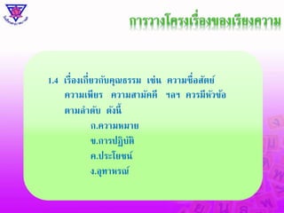 1.4 เรื่องเกี่ยวกับคุณธรรม เช่น ความซื่อสัตย์ 
ความเพียร ความสามัคคี ฯลฯ ควรมีหัวข้อ 
ตามลาดับ ดังนี้ 
ก.ความหมาย 
ข.การปฏิบัติ 
ค.ปรคโยชน์ 
ง.อุทาหรณ์ 
 