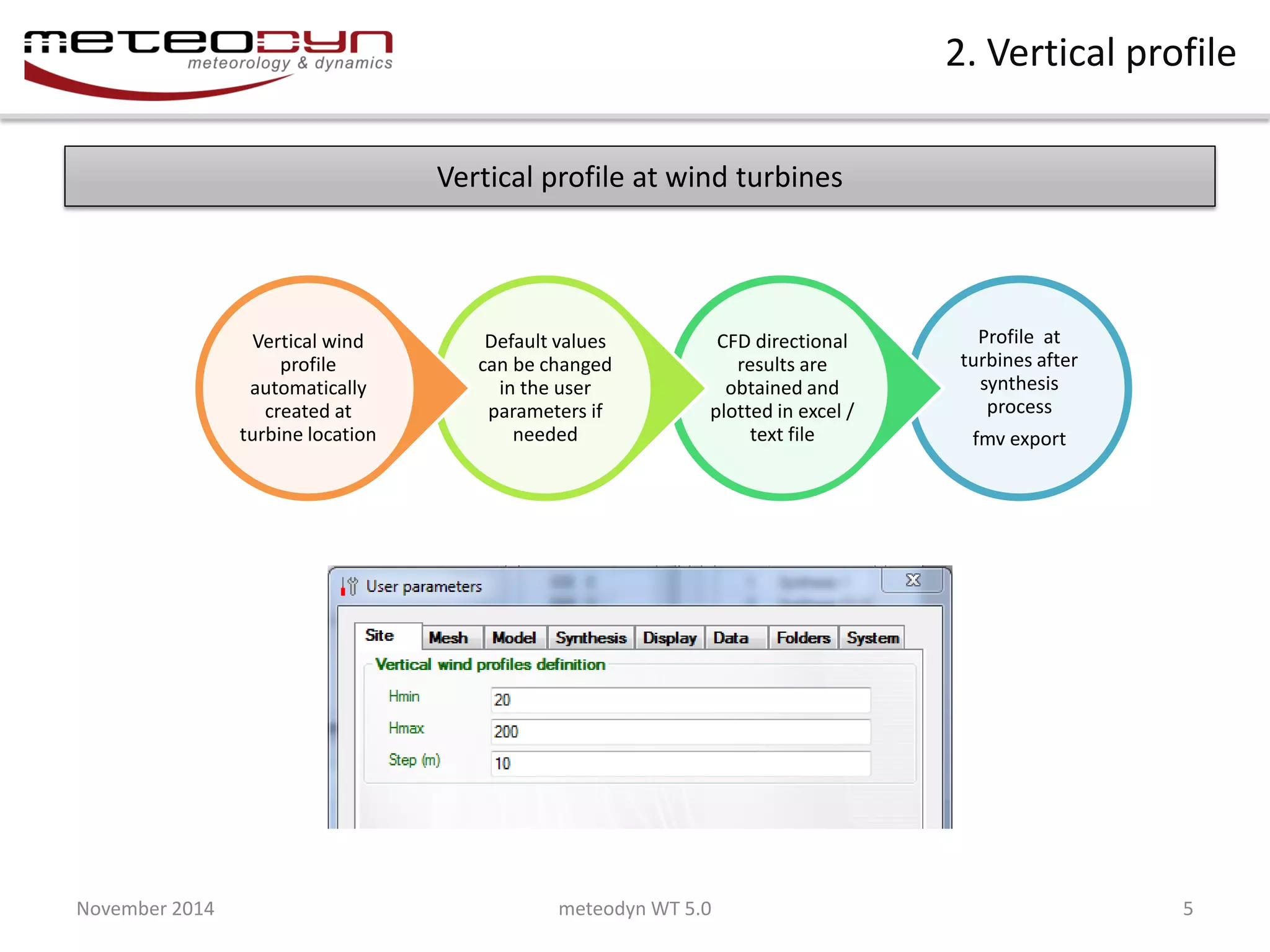 November 2014 
meteodyn WT 5.0 
5 
2. Vertical profile 
Vertical profile at wind turbines 
Profile at turbines after synthesis process 
fmv export 
CFD directional results are obtained and plotted in excel / text file 
Default values can be changed in the user parameters if needed 
Vertical wind profile automatically created at turbine location  