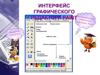 Рабочее поле
Строка
подсказки
Меню
настройки
инструментов
Полосы прокрутки
Панель
Набор
инструментов
Заголовок окна Строка меню
ИНТЕРФЕЙС
ГРАФИЧЕСКОГО
РЕДАКТОРА PAINT
 