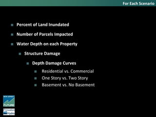 ■ Percent of Land Inundated
■ Number of Parcels Impacted
■ Water Depth on each Property
■ Structure Damage
■ Depth Damage Curves
■ Residential vs. Commercial
■ One Story vs. Two Story
■ Basement vs. No Basement
For Each Scenario
 