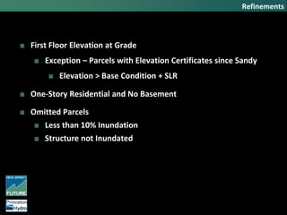 Refinements
■ First Floor Elevation at Grade
■ Exception – Parcels with Elevation Certificates since Sandy
■ Elevation > Base Condition + SLR
■ One-Story Residential and No Basement
■ Omitted Parcels
■ Less than 10% Inundation
■ Structure not Inundated
 