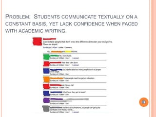 PROBLEM: STUDENTS COMMUNICATE TEXTUALLY ON A
CONSTANT BASIS, YET LACK CONFIDENCE WHEN FACED
WITH ACADEMIC WRITING.
 