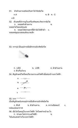 51. ตัวต้านทานชนิดปรับค่าได้ คือข้อใด
ก.A ข. B ค. C
ง.D
52. ตัวเลขที่ปรากฏในเครื่องคิดเลข เกิดจากข้อใด
ก. หลอดตัวต้านทาน ข.
หลอดไดโอดเปล่งแสง
ค. หลอดไฟธรรมดาที่มีกาลังไฟฟ้าต่า ง.
หลอดฟลูออเรสเซนต์ขนาดเล็ก
53. จากรูป เป็นอุปกรณ์อิเล็กทรอนิกส์ชนิดใด
ก. LED ข. LDR ค. ตัวต้านทาน
ง. ตัวเก็บประจุ
54. สัญลักษณ์ใดที่ลดปริมาณกระแสไฟฟ้าเมื่อต่อเข้าวงจรไฟฟ้า
55. จากรูป
เป็นสัญลักษณ์แทนอุปกรณ์อิเล็กทรอนิกส์ชนิดใด
ก. ฟิวส์ ข. ตัวต้านทาน ค. ทรานซิสเตอร์ ง.
หม้อแปลงอากาศ
56. เมื่อไดโอดอยู่ในวงจรไฟฟ้า ไดโอดทาหน้าอะไร
ก. นาและไม่นากระแสไฟฟ้า ข.
ให้แสงแสงสว่างในวงจรไฟฟ้า
ก
.
ข
.
ค
ง
.
 