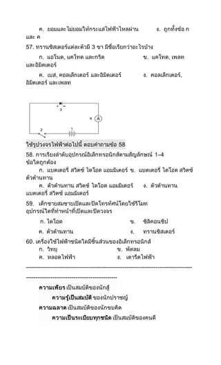ค. ยอมและไม่ยอมให้กระแสไฟฟ้าไหลผ่าน ง. ถูกทั้งข้อ ก
และ ค
57. ทรานซิสเตอร์แต่ละตัวมี 3 ขา มีชื่อเรียกว่าอะไรบ้าง
ก. แอโนด, แคโทด และกริด ข. แคโทด, เพลท
และอิมิตเตอร์
ค. เบส, คอลเล็กเตอร์ และอิมิตเตอร์ ง. คอลเล็กเตอร์,
อิมิตเตอร์ และเพลท
ใช้รูปวงจรไฟฟ้าต่อไปนี้ ตอบคาถามข้อ 58
58. การเรียงลาดับอุปกรณ์อิเล็กทรอนิกส์ตามสัญลักษณ์ 1–4
ข้อใดถูกต้อง
ก. แบตเตอรี่ สวิตช์ ไดโอด แอมมิเตอร์ ข. แบตเตอรี่ ไดโอด สวิตช์
ตัวต้านทาน
ค. ตัวต้านทาน สวิตช์ ไดโอด แอมมิเตอร์ ง. ตัวต้านทาน
แบตเตอรี่ สวิตช์ แอมมิเตอร์
59. เด็กชายสมชายเปิดและปิดโทรทัศน์โดยใช้รีโมท
อุปกรณ์ใดที่ทาหน้าที่เปิดและปิดวงจร
ก. ไดโอด ข. ซิลิคอนชิป
ค. ตัวต้านทาน ง. ทรานซิสเตอร์
60. เครื่องใช้ไฟฟ้าชนิดใดมีชิ้นส่วนของอิเล็กทรอนิกส์
ก. วิทยุ ข. พัดลม
ค. หลอดไฟฟ้า ง. เตารีดไฟฟ้า
---------------------------------------------------------------------------------------
------------------------------------------------
ความเพียร เป็นสมบัติของนักสู้
ความรู้เป็นสมบัติ ของนักปราชญ์
ความฉลาด เป็นสมบัติของนักขบคิด
ความเป็นระเบียบทุกชนิด เป็นสมบัติของคนดี
 