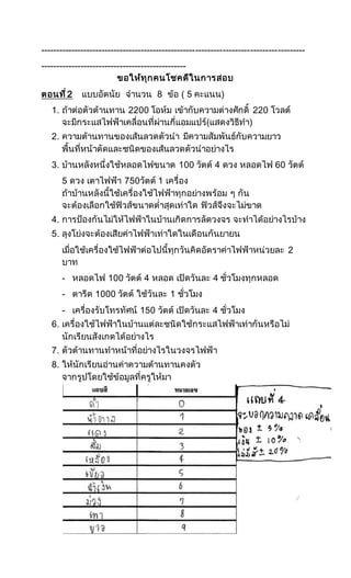 ---------------------------------------------------------------------------------------
------------------------------------------------
ขอให้ทุกคนโชคดีในการสอบ
ตอนที่2 แบบอัตนัย จานวน 8 ข้อ ( 5 คะแนน)
1. ถ้าต่อตัวต้านทาน 2200 โอห์ม เข้ากับความต่างศักดิ์ 220 โวลต์
จะมีกระแสไฟฟ้าเคลื่อนที่ผ่านกี่แอมแปร์(แสดงวิธีทา)
2. ความต้านทานของเส้นลวดตัวนา มีความสัมพันธ์กับความยาว
พื้นที่หน้าตัดและชนิดของเส้นลวดตัวนาอย่างไร
3. บ้านหลังหนึ่งใช้หลอดไฟขนาด 100 วัตต์ 4 ดวง หลอดไฟ 60 วัตต์
5 ดวง เตาไฟฟ้า 750วัตต์ 1 เครื่อง
ถ้าบ้านหลังนี้ใช้เครื่องใช้ไฟฟ้าทุกอย่างพร้อม ๆ กัน
จะต้องเลือกใช้ฟิวส์ขนาดต่าสุดเท่าใด ฟิวส์จึงจะไม่ขาด
4. การป้องกันไม่ให้ไฟฟ้าในบ้านเกิดการลัดวงจร จะทาได้อย่างไรบ้าง
5. ลุงโย่งจะต้องเสียค่าไฟฟ้าเท่าใดในเดือนกันยายน
เมื่อใช้เครื่องใช้ไฟฟ้าต่อไปนี้ทุกวันคิดอัตราค่าไฟฟ้าหน่วยละ 2
บาท
- หลอดไฟ 100 วัตต์ 4 หลอด เปิดวันละ 4 ชั่วโมงทุกหลอด
- ตารีด 1000 วัตต์ ใช้วันละ 1 ชั่วโมง
- เครื่องรับโทรทัศน์ 150 วัตต์ เปิดวันละ 4 ชั่วโมง
6. เครื่องใช้ไฟฟ้าในบ้านแต่ละชนิดใช้กระแสไฟฟ้าเท่ากันหรือไม่
นักเรียนสังเกตได้อย่างไร
7. ตัวต้านทานทาหน้าที่อย่างไรในวงจรไฟฟ้า
8. ให้นักเรียนอ่านค่าความต้านทานคงตัว
จากรูปโดยใช้ข้อมูลที่ครูให้มา
 