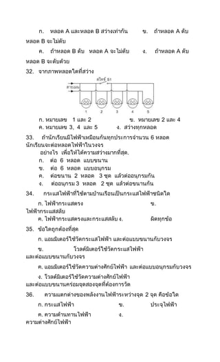 ก. หลอด A และหลอด B สว่างเท่ากัน ข. ถ้าหลอด A ดับ
หลอด B จะไม่ดับ
ค. ถ้าหลอด B ดับ หลอด A จะไม่ดับ ง. ถ้าหลอด A ดับ
หลอด B จะดับด้วย
32. จากภาพหลอดใดที่สว่าง
ก. หมายเลข 1 และ 2 ข. หมายเลข 2 และ 4
ค. หมายเลข 3, 4 และ 5 ง. สว่างทุกหลอด
33. ถ้านักเรียนมีไฟฟ้าเหมือนกันทุกประการจานวน 6 หลอด
นักเรียนจะต่อหลอดไฟฟ้าในวงจร
อย่างไร เพื่อให้ได้ความสว่างมากที่สุด.
ก. ต่อ 6 หลอด แบบขนาน
ข. ต่อ 6 หลอด แบบอนุกรม
ค. ต่อขนาน 2 หลอด 3 ชุด แล้วต่ออนุกรมกัน
ง. ต่ออนุกรม 3 หลอด 2 ชุด แล้วต่อขนานกัน
34. กระแสไฟฟ้าที่ใช้ตามบ้านเรือนเป็นกระแสไฟฟ้าชนิดใด
ก. ไฟฟ้ากระแสตรง ข.
ไฟฟ้ากระแสสลับ
ค. ไฟฟ้ากระแสตรงและกระแสสลับ ง. ผิดทุกข้อ
35. ข้อใดถูกต้องที่สุด
ก. แอมมิเตอร์ใช้วัดกระแสไฟฟ้า และต่อแบบขนานกับวงจร
ข. โวลต์มิเตอร์ใช้วัดกระแสไฟฟ้า
และต่อแบบขนานกับวงจร
ค. แอมมิเตอร์ใช้วัดความต่างศักย์ไฟฟ้า และต่อแบบอนุกรมกับวงจร
ง. โวลต์มิเตอร์ใช้วัดความต่างศักย์ไฟฟ้า
และต่อแบบขนานคร่อมจุดสองจุดที่ต้องการวัด
36. ความแตกต่างของพลังงานไฟฟ้าระหว่างจุด 2 จุด คือข้อใด
ก. กระแสไฟฟ้า ข. ประจุไฟฟ้า
ค. ความต้านทานไฟฟ้า ง.
ความต่างศักย์ไฟฟ้า
 