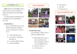สิทธิเึϹก เป็นสิทธิสากล เป็นสิทธิใช้เพือการพัฒนา
๶ึϹกทังร่างกายจิตใจ อารมณ์ สังคม สติปัญญา ให้
เจริญเติบโตรอบด้านเต็มศักยภาพและไม่เลือกปฏิบัติ
คณะกรรมการ
สภานักเรียนโรงเรียนทุ่งยาวผดุงศิษย์มีส่วนร่วมใน
การขับเคลือน กิจกรรมในการส่งเสริมสิทธิเึϹก 4
ประการ ดังนี
สิทธิทีจะมีชีวิตรอด
คณะกรรมการนักเรียนได้ดําเนินงานครอบคลุม
ถึงสิทธิของ๶ึϹกทีจะมีชีวิต และสิทธิทีจะมี
มาตรฐานความเป็นอยู่อย่างเหมาะสมโดยผ่าน
กิจกรรม
 การให้ความรู้ผ่านเสียงตามสาย
 การเผยแพร่ข่าวสารร่วมกับชุมนุมผู้
คุ้มครองผู้บริโภค
 การอบรมให้ความรู้เกียวกับยาเสพติด
 การให้ทักษะชีวิตทีถูกต้อง
สิทธิทีจะได้รับการพัฒนา
ครอบคลุมถึงปัจจัยต่าง ๆ ที๶ึϹกมีความต้องการ
จะพัฒนาตนเองให้เต็มศักยภาพเช่น
 สิทธิทีจะได้รับการศึกษา การเล่น การ
พักผ่อนหย่อนใจ มีกิจกรรมด้าน
วัฒนธรรม เข้าถึงข้อมูลและมีเสรีภาพ
ทางความคิด สติปัญญาและศาสนา
 เข้าถึงข่าวสารทีเหมาะสม
 เสรีภาพในความคิด
 พัฒนาบุคลิกภาพ
 พัฒนาจิตใจ
 พัฒนาสุขภาพร่างกาย
การส่งเสริมสิทธิเึϹก 4 ประการ ภาพกิจกรรมสิทธิจะมีชีวิตรอด
ภาพกิจกรรมการสิทธิทีจะได้รับการพัฒนา
 