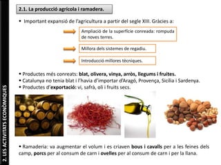 2.LESACTIVITATSECONÒMIQUES
2.1. La producció agrícola i ramadera.
 Important expansió de l’agricultura a partir del segle XIII. Gràcies a:
 Productes més conreats: blat, olivera, vinya, arròs, llegums i fruites.
 Catalunya no tenia blat i l’havia d’importar d’Aragó, Provença, Sicília i Sardenya.
 Productes d’exportació: vi, safrà, oli i fruits secs.
 Ramaderia: va augmentar el volum i es criaven bous i cavalls per a les feines dels
camp, porcs per al consum de carn i ovelles per al consum de carn i per la llana.
Ampliació de la superfície conreada: rompuda
de noves terres.
Millora dels sistemes de regadiu.
Introducció millores tècniques.
 