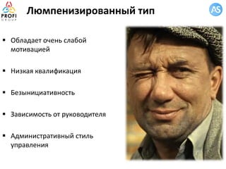 Люмпенизированный тип
 Обладает очень слабой
мотивацией
 Низкая квалификация
 Безынициативность
 Зависимость от руководителя
 Административный стиль
управления
 