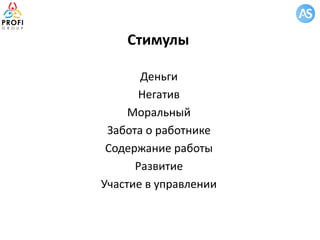Стимулы
Деньги
Негатив
Моральный
Забота о работнике
Содержание работы
Развитие
Участие в управлении
 