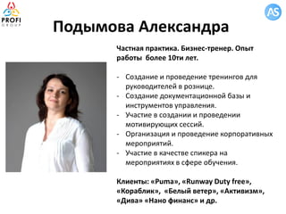 Подымова Александра
Частная практика. Бизнес-тренер. Опыт
работы более 10ти лет.
- Создание и проведение тренингов для
руководителей в рознице.
- Создание документационной базы и
инструментов управления.
- Участие в создании и проведении
мотивирующих сессий.
- Организация и проведение корпоративных
мероприятий.
- Участие в качестве спикера на
мероприятиях в сфере обучения.
Клиенты: «Puma», «Runway Duty free»,
«Кораблик», «Белый ветер», «Активизм»,
«Дива» «Нано финанс» и др.
 