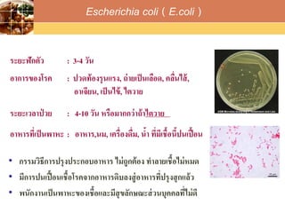 LOGO
Escherichia coli ( E.coli )
ระยะฟักตัว : 3-4 วัน
อาการของโรค : ปวดท้องรุนแรง, ถ่ายเป็นเลือด, คลื่นไส้,
อาเจียน, เป็นไข้, ไตวาย
ระยะเวลาป่ วย : 4-10 วัน หรือมากกว่าถ้าไตวาย
อาหารที่เป็นพาหะ : อาหาร,นม, เครื่องดื่ม, น้า ที่มีเชื้อนี้ปนเปื้อน
• กรรมวิธีการปรุงประกอบอาหาร ไม่ถูกต้อง ทาลายเชื้อไม่หมด
• มีการปนเปื้อนเชื้อโรคจากอาหารดิบลงสู่อาหารที่ปรุงสุกแล้ว
• พนักงานเป็นพาหะของเชื้อและมีสุขลักษณะส่วนบุคคลที่ไม่ดี
 