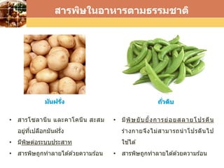 LOGO
สารพิษในอาหารตามธรรมชาติ
มันฝรั่ง
• สารโซลานีน และคาโคนีน สะสม
อยู่ที่เปลือกมันฝรั่ง
• มีพิษต่อระบบประสาท
• สารพิษถูกทาลายได ้ด ้วยความร ้อน
ถั่วดิบ
• มีพิษยับยั้งการย่อยสลายโปรตีน
ร่างกายจึงไม่สามารถนาโปรตีนไป
ใช ้ได ้
• สารพิษถูกทาลายได ้ด ้วยความร ้อน
 