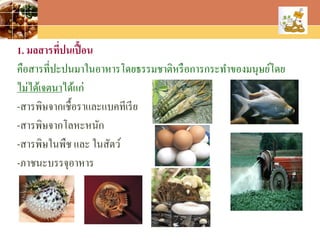 LOGO
1. มลสารที่ปนเปื้อน
คือสารที่ปะปนมาในอาหารโดยธรรมชาติหรือการกระทาของมนุษย์โดย
ไม่ได้เจตนาได้แก่
-สารพิษจากเชื้อราและแบคทีเรีย
-สารพิษจากโลหะหนัก
-สารพิษในพืช และ ในสัตว์
-ภาชนะบรรจุอาหาร
 