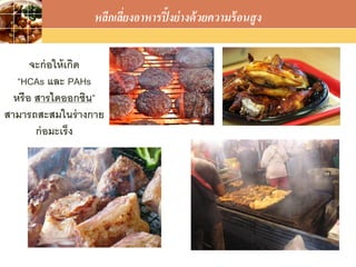 LOGO
หลีกเลี่ยงอาหารปิ้งย่างด้วยความร้อนสูง
จะก่อให้เกิด
“HCAs และ PAHs
หรือ สารไดออกซิน”
สามารถสะสมในร่างกาย
ก่อมะเร็ง
 